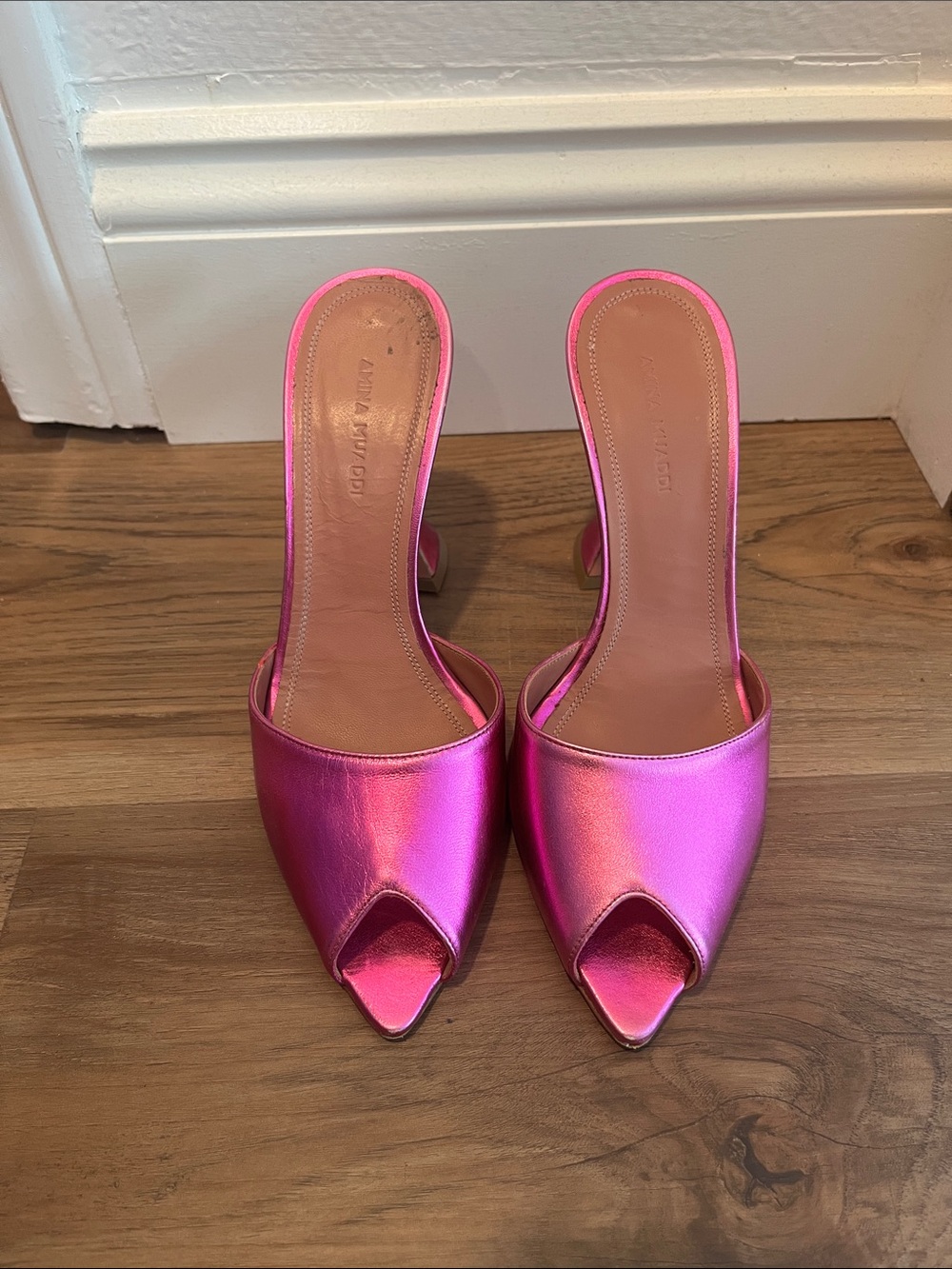 Amina Muaddi Pink Metallic Open-Toe Mule Heels